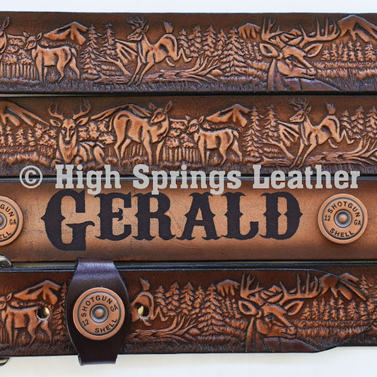 Name Belt - Deer Embossed Brown Leather Belt with Shotgun Shells Custom Engraved for Men and Women Brown