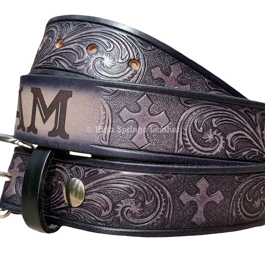 Name Belt - Western Cross Gray and Black Leather Belt Custom Engraved for Men and Women