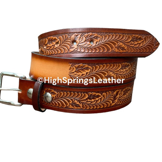 Name Belt - Western Floral Leaf Brown Leather Belt Custom Engraved for Men and Women