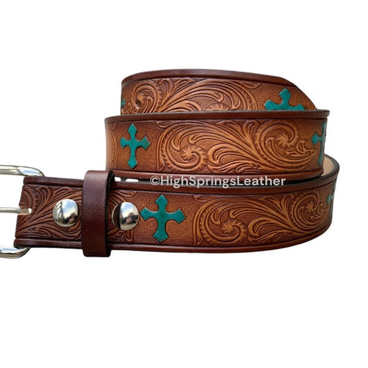 Name Belt - Western Cross Turquoise Hand Painted on brown leather Custom Engraved for Men and Women