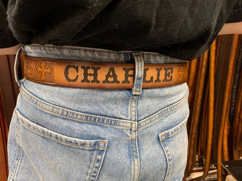 Name Belt - Deer Embossed Brown Leather Belt with Shotgun Shells Custom Engraved for Men and Women Brown Name Belt - Deer Embossed Brown Leather Belt with Shotgun Shells Custom Engraved for Men and Women Brown