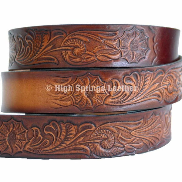 Name Belt - Western Floral CF Brown Leather Belt Custom Engraved for Men and Women
