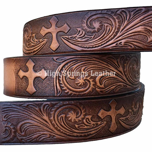 Kid Name Belt - Western Cross Embossed Brown Leather Belt Custom Engraved for Boys and Girls