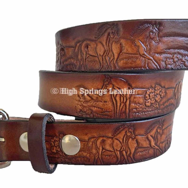 Kid Name Belt - Horse Embossed Brown Leather Belt Custom Engraved for boys and girls