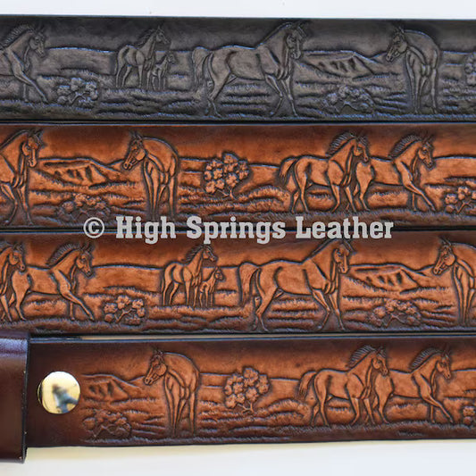 Leather Belt - Horse Embossed Brown or Gray and Black Made in USA for Men and Women