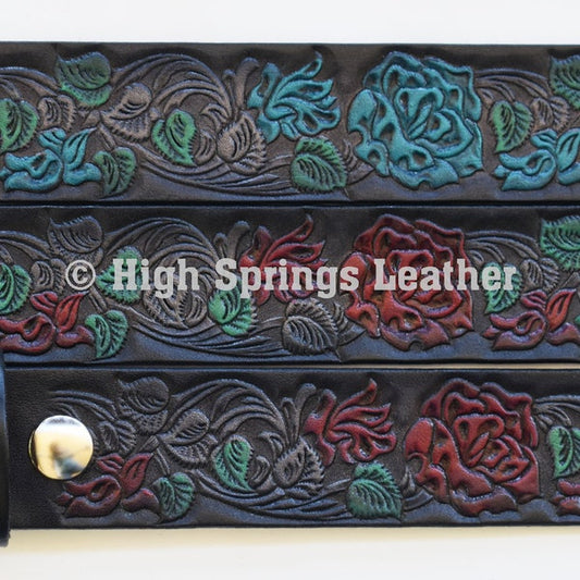 Leather Belt - Hand Painted Roses on Black Leather Belt Made in USA Available for Men and Women