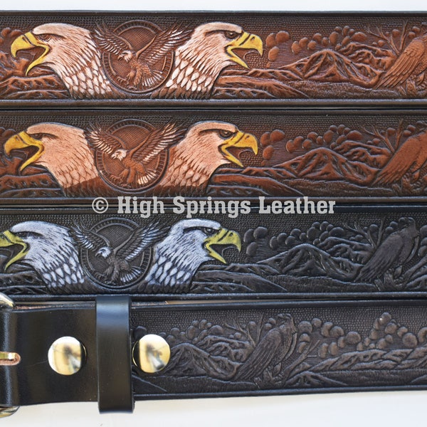 Leather Belt - American Eagle Hand Painted Brown or Gray and Black Made in USA Available for Men and Women