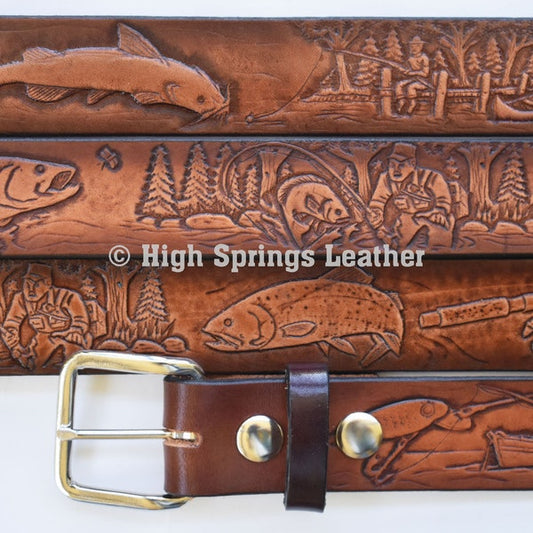 Leather Belt - Fishing Embossed Bass Line Fishing Embossed Leather Belt for Men and Women