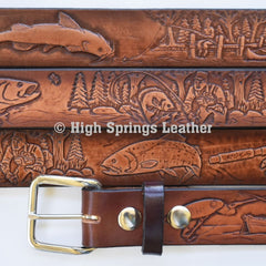 Leather Belt - Fishing Embossed Bass Line Fishing Embossed Leather Belt for Men and Women