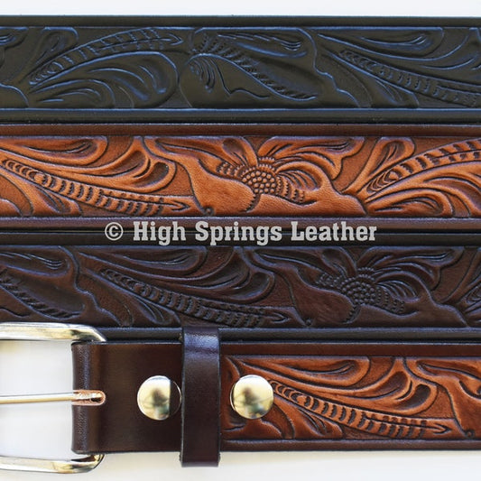 Leather Belt 929 - Western Embossed Design Brown or Black Leather Belt Made in USA Available for Men and Women