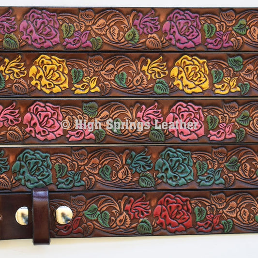 Leather Belt - Hand Painted Roses embossed on Brown Leather Made in USA