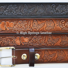 Leather Belt - Heart and Butterfly Girly Embossed Leather Belt Made in USA cut to size for women
