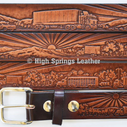 Leather Belt - Trucker Embossed Leather Belt  Made in USA Available for Men and Women