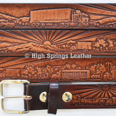 Leather Belt - Trucker Embossed Leather Belt  Made in USA Available for Men and Women