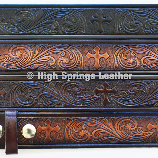 Leather Belt - Western Cross Embossed brown grey and black or black leather belt Available for Men and Women