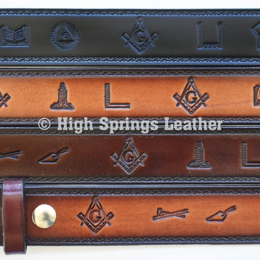 Leather Belt - Mason Embossed Symbols Leather Black or Brown Belt For Men