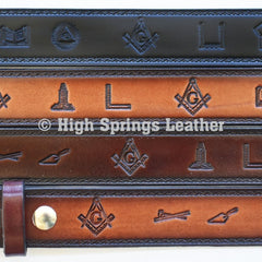 Leather Belt - Mason Embossed Symbols Leather Black or Brown Belt For Men