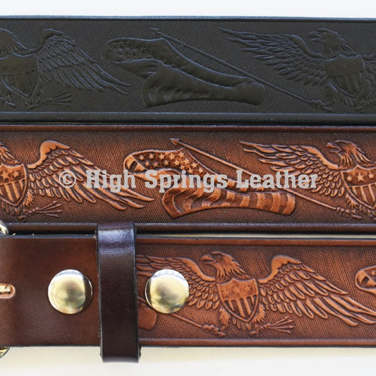 Leather Belt - Eagle and American Flag Embossed Leather in Brown or Black Made for Men and Women