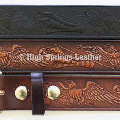 Leather Belt - Eagle and American Flag Embossed Leather in Brown or Black Made for Men and Women