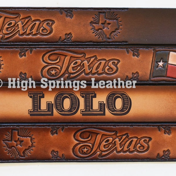 Name Belt - Texas Flag Brown Leather Belt includes Flag Deco loop Custom Engraved for Men and Women