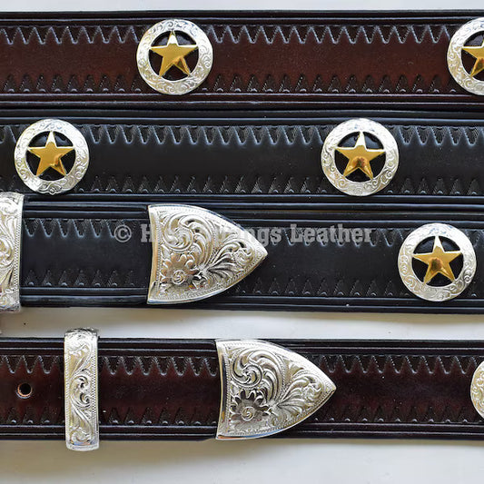 Leather Belt - Silver and Gold Stars and 3 piece buckle set for Men and Women Custom