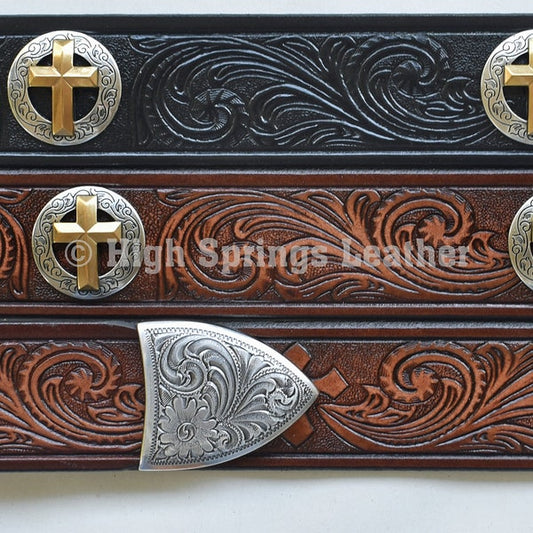 Leather Belt - Cross Concho Belt with 3 piece buckle set in Brown or Black Leather Custom Made for Men and Women