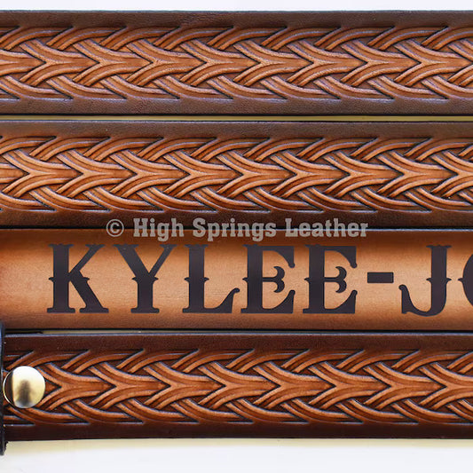Name Belt - Lock Weave Embossed Brown Leather Belt Personalized Engraved for Men and Women
