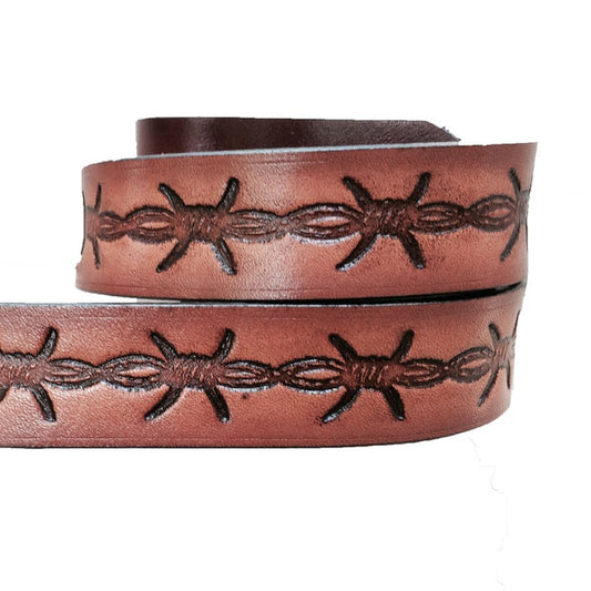 Kid Name Belt - Barbed Wire Design Brown Leather Belt Custom Engraved for Boys and Girls