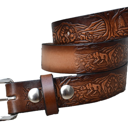 Kid Name Belt - Wildlife Embossed Brown Leather Belt Custom Engraved for Boys and Girls