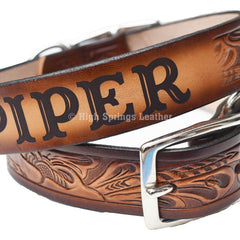 Leather Dog Collar - Western tooled design with name engraved