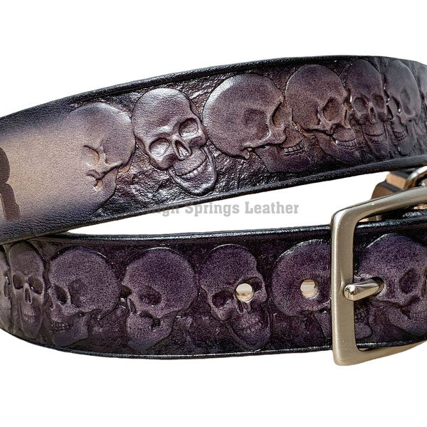 Leather Dog Collar - Skulls in gray and black with name engraved