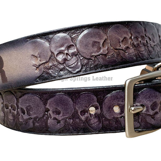 Leather Dog Collar - Skulls in gray and black with name engraved