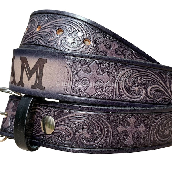 Name Belt - Western Cross Gray and Black Leather Belt Custom Engraved for Men and Women