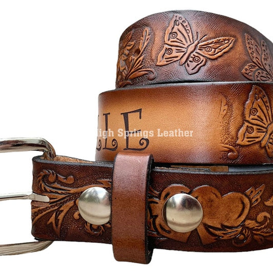 Kid Name Belt - Girly Heart and Butterfly Brown Leather Belt Custom Engraved for Girls
