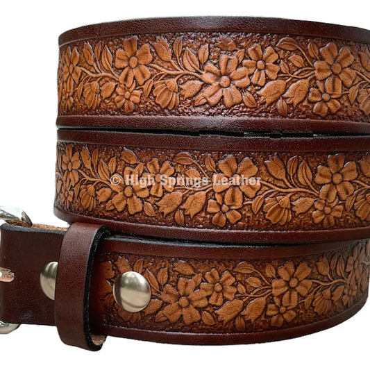 Leather Belt - Tropical Flower Embossed brown leather belt Made in USA