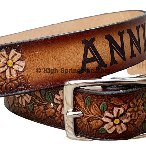 Leather Dog Collar - Tropical Flower hand painted design with name engraved