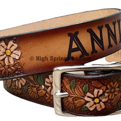 Leather Dog Collar - Tropical Flower hand painted design with name engraved