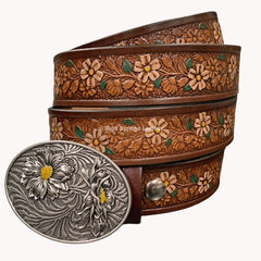 Leather Belt - Tropical Flower Hand Painted brown leather belt with custom buckle Made in USA