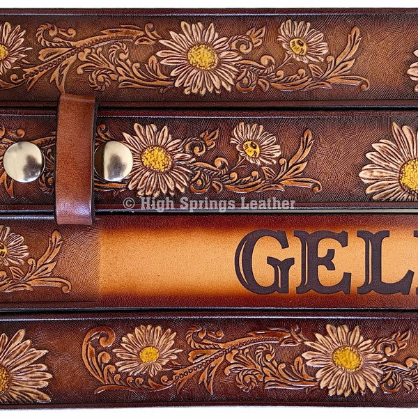 Name Belt - Hand Painted Daisy Leather Belt custom engraved for men and women