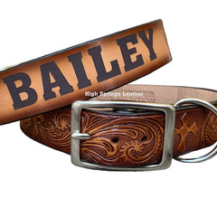 Leather Dog Collar - Western Cross tooled design with name engraved