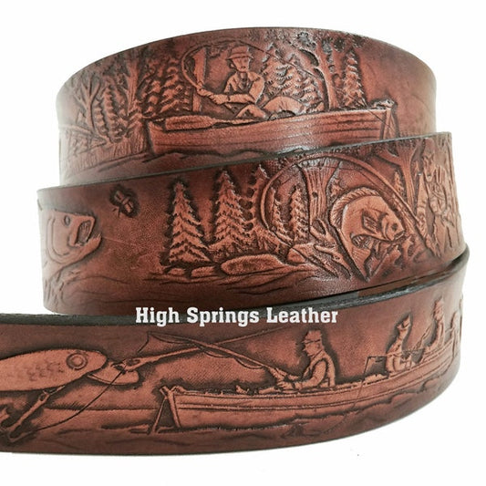 Name Belt - Fishing Brown Leather Belt Custom Engraved for Men and Women
