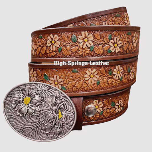 Name Belt - Tropical Flower Hand Painted Leather Belt with Daisy Buckle Custom Engraved for Men and Women