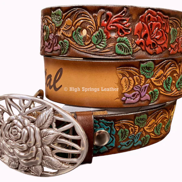 Name Belt - Hand Painted Roses with Rose Buckle Custom Engraved for Men and Women
