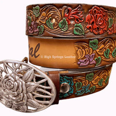 Name Belt - Hand Painted Roses with Rose Buckle Custom Engraved for Men and Women