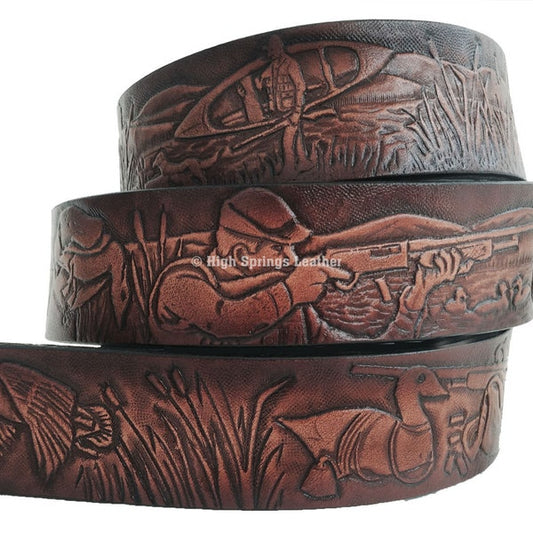 Leather Belt - Duck Hunting Embossed Brown Leather Belt Made in USA for Men and Women