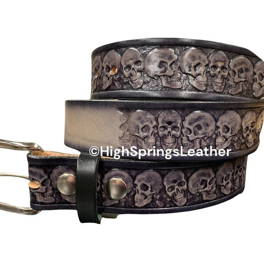 Name Belt - Skulls Embossed on Gray and Black Leather Belt Custom Engraved for Men and Women