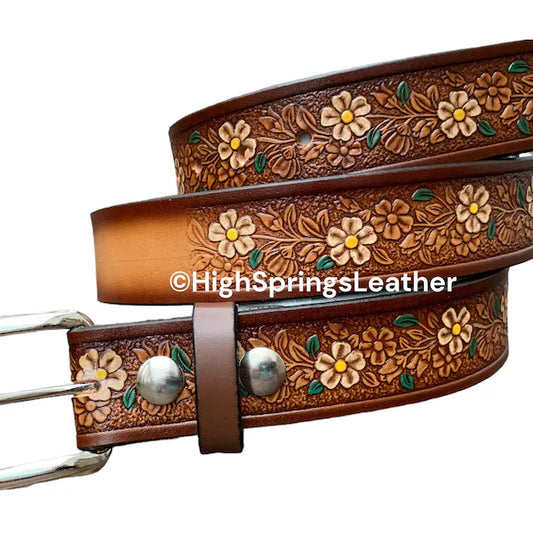 Name Belt - Tropical Flower Hand Painted Leather Belt Custom Engraved for Men and Women