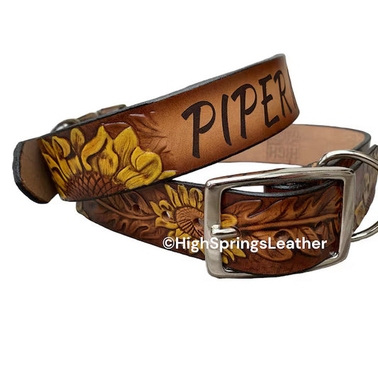 Personalized Leather Dog Collar Sunflower embossed hand painted design with name engraved