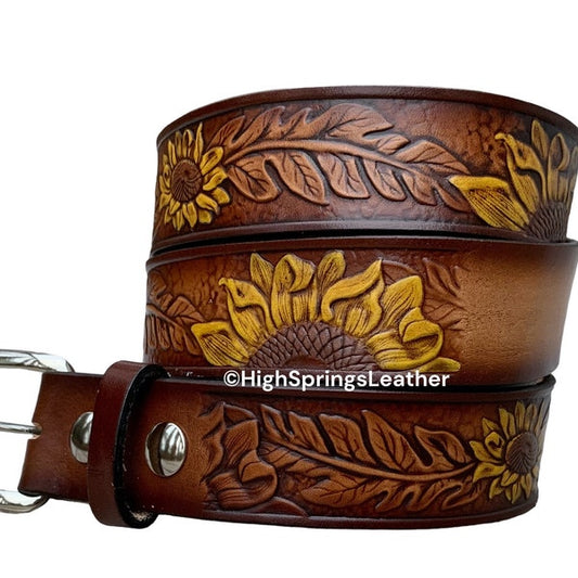 Name Belt - Sunflower Hand Painted brown leather custom Engraved for Men and Women