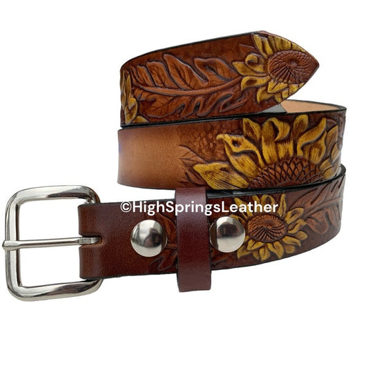 Kid Name Belt - Hand Painted Sunflower Brown Leather Belt Custom Engraved for boys and girls
